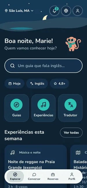 Tela inicial do app GuiAmigo, com busca de guias e experiências da semana
